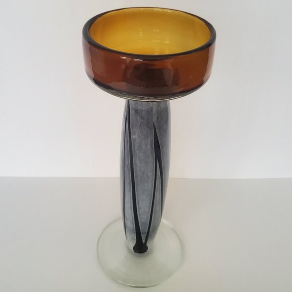 Hand Blown Art Glass Pedestal Pillar Amber Candle Holder Hand Painted Stem Boho - Picture 1 of 7